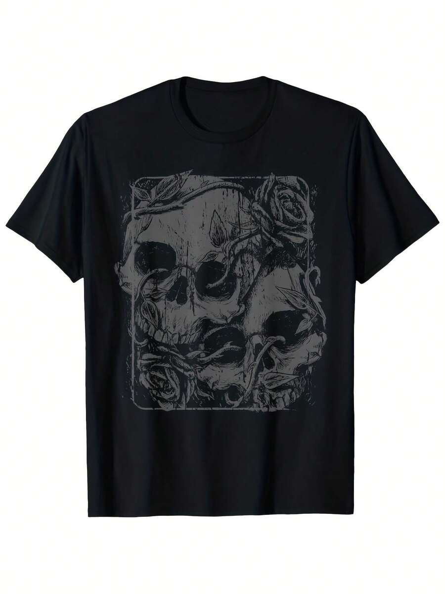 Camiseta de hombre con estampado de calaveras y rosas, estilo gótico, manga corta, cuello redondo, top casual de verano para hombre, blusas para mujer, blusas casuales para mujer, atuendo de fiesta, moda moderna, estilo urbano, uso diario, ropa para clima cálido, ropa diaria de verano. - Negro - Ver 1