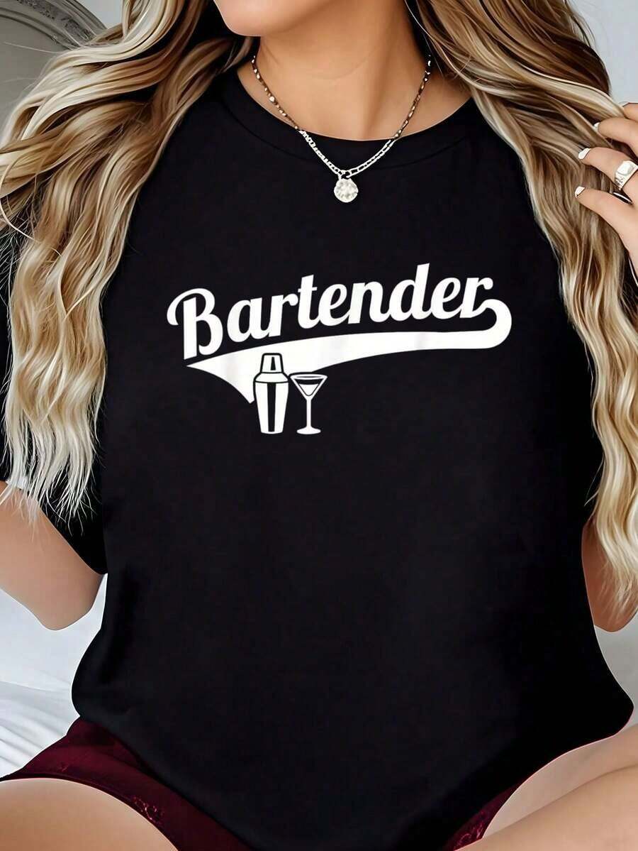 Camiseta de Algodón Estilo Vintage con Estampado de Lema de Lisboa, Camiseta de Coctelería para Bartender, Camisetas Gráficas para Mujer, Tops Cortos, Ropa de Verano para Mujer, Camisetas de Verano para Uso Diario - Negro - Ver 1