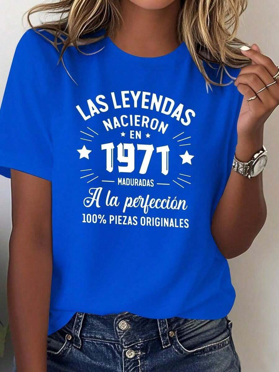 Comfortable Graphic T-Shirts Spain LAS LENDAS BORN IN 1971 Comfortable Pure Cotton T-Shirt For Women 100% Cotton Fashion All-Match Women's Short Sleeve T-Shirt, Basic Style For Inner & Outer Wear - 藍色的 - 查看 1