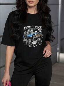 Soft Graphic Art Depicting A Classic Blue Car Surrounded By Urban Figures Symbolizing Street Culture. Women's T-Shirt, 100% Soft And Comfortable Cotton For Everyday Wear. New Summer Women's T-Shirt, Casual And Comfortable Crew Neck Top - 黑色 - 查看 12