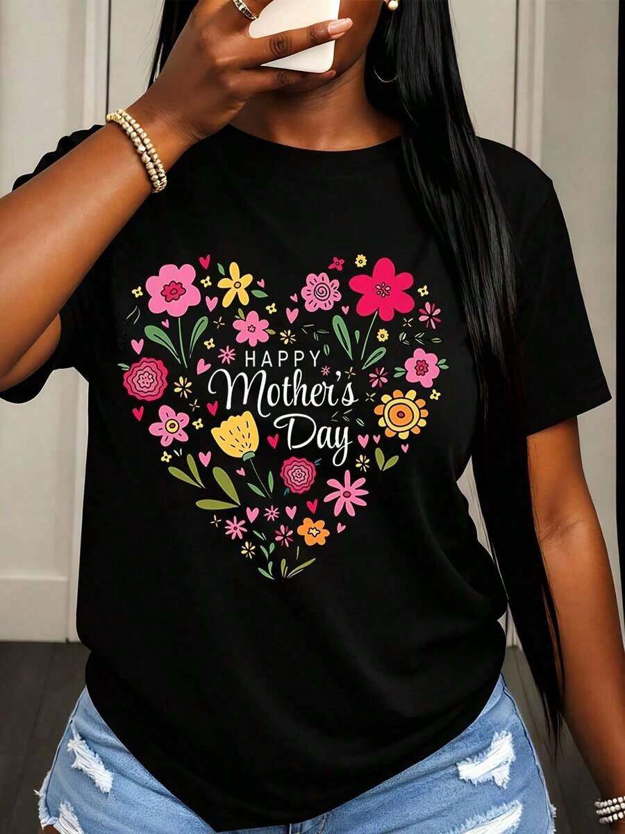 Camiseta de Mujer con Diseño Floral de Corazón para el Día de la Madre, Ropa Casual de Primavera Verano para Mujeres - Negro - Ver 1