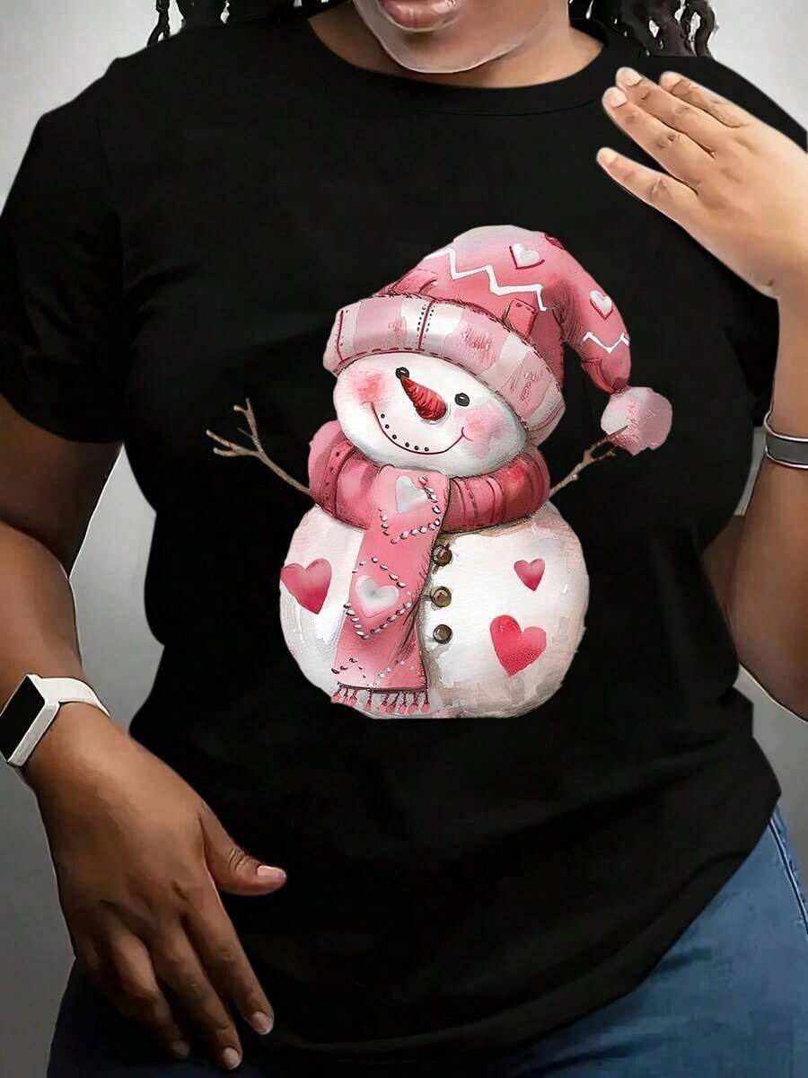 100% algodón, Camiseta de mujer, 100% algodón, Camisa de mujer, Talla grande, Camiseta de manga corta para mujer, Estampado de muñeco de nieve con gorro rosa y corazones, Ropa casual para vacaciones de invierno. - Negro - Ver 1