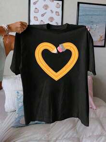 2026 Nuevos productos de gran : Camiseta de mujer con cuello redondo, estampado gráfico de dibujos animados con forma de corazón y lápiz para el Día del Maestro, camiseta de manga corta con cuello redondo, top casual para verano y primavera, camiseta de mujer. - Negro - Ver 6