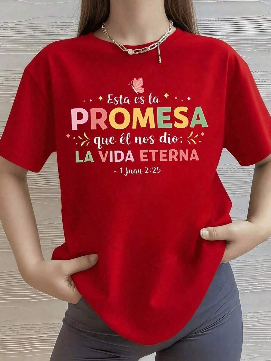 Women's Black Short-Sleeve T-Shirt With Bible Verse "ETERNAL LIFE", Christian Faith T-Shirt With Positive Message, Inspirational And Religious Style Blouse, Casual Top With Colorful Letters For Gift, Pretty Blouses, 100% Cotton - 紅色的 - 查看 1