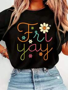 Camiseta divertida Fri-Yay Happy Friday para profesoras, camiseta estampada, informal, de cuello redondo, manga corta, cómoda, para primavera y verano, ropa de mujer, blusa casual mujer, playeras de mujer algodón. - Negro - Ver 7