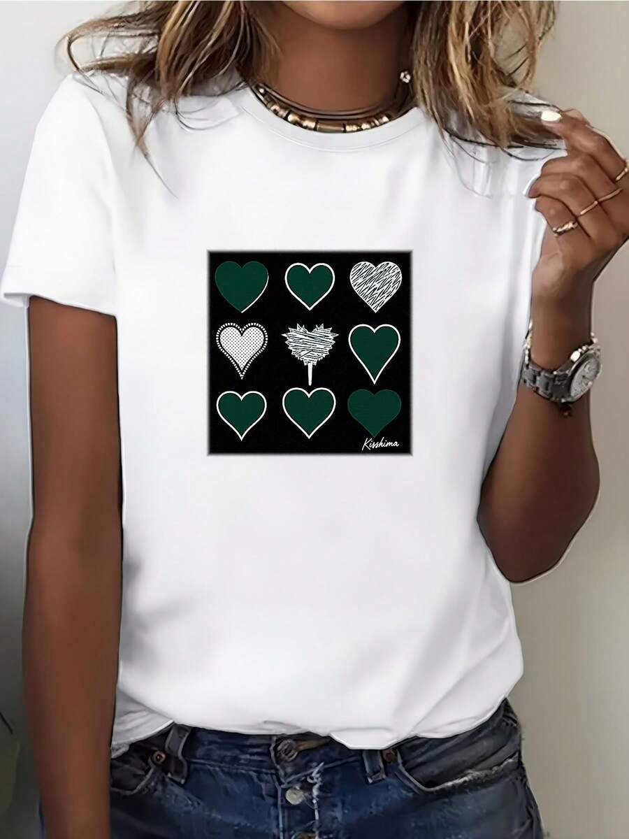 Camiseta de algodón oversize para mujer, modelo 2026, con estampado de corazón verde. Camiseta de verano para mujer, regalo con temática de corazones, adecuada para reuniones familiares y eventos del Día de la Independencia. Cómoda, suave, sencilla para uso diario, de manga corta. - Blanco - Ver 1