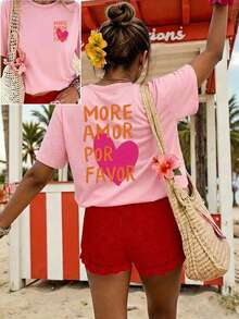 女款夏季度假 T-shirt，印有「More Amor Por Favor」文字與粉色愛心圖案，休閒圓領短袖上衣，粉紅色 - 粉色 - 查看 5