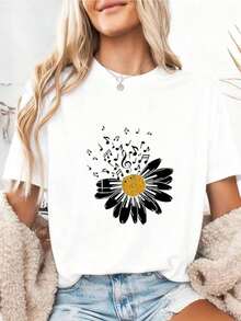 Camiseta Casual con Diseño de Margaritas, Notas Musicales y Clave para Maestros, Músicos y Amantes de la Música - Blanco - Ver 1