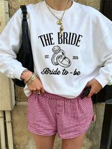 Women's Round Neck Sweatshirt With Bride-To-Be And Wedding Ring Print, Casual Long Sleeve Sweatshirt For Autumn And Winter, Women's Clothing, Autumn Fashion, Bridal Party Outfit, Casual Chic, Printed Sweatshirt, Comfortable Material, Durable,,,Valentine Outfits For Women, Game Day Oversized Sweatshirts,St. Patrick's Day,Back To School Casual Sweatshirts - trắng - Xem 2
