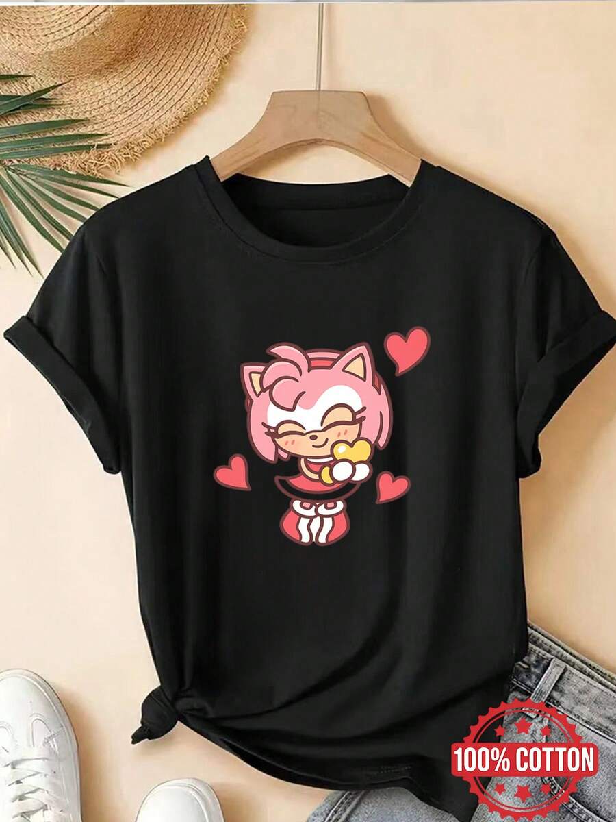 Las nuevas camisetas de manga corta de Amy para mujer presentan un lindo estilo kawaii de anime con corazones, perfectas para el Día de San ValentínDaily Casual Round Neck Short Sleeve-Shirt Women - Negro - Ver 1