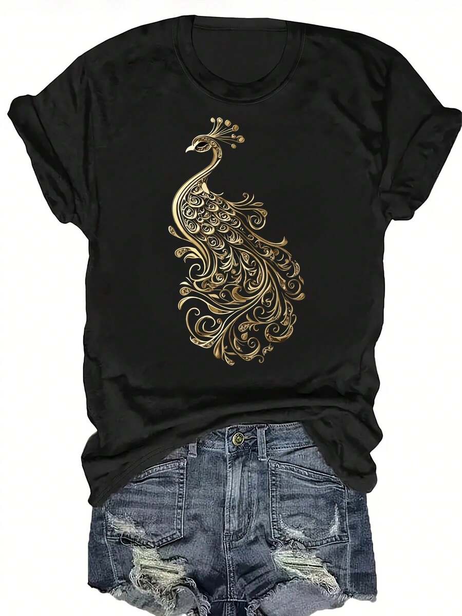 ¡Oferta por tiempo limitado, unidades limitadas, relámpago! Camisas casuales para mujer, camisetas de poliéster para mujer, camisas elegantes.Camiseta de verano de manga corta, elegante y hermosa, con estampado de pavo real y cuello redondo - Negro - Ver 1