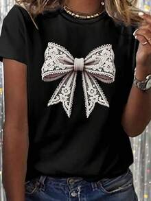 Camiseta de Mujer 100% Algodón Puro, Estilo Bohemio, con Estampado Floral Artístico, Casual, Básica, de Manga Corta, a la Moda. Camiseta de Mujer con Patrón Vintage Bohemio, 100% Algodón, Suave, Transpirable, Cuello Redondo, Manga Corta, Estilo Boho Urbano. - Negro - Ver 3