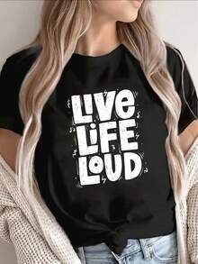 1 camiseta de manga corta para mujer, de poliéster, con un llamativo estampado "LIVE LIFE LOUD", color base negro, estilo casual, textura suave, adecuada para el uso diario, 100% algodón de 180g. - Negro - Ver 11
