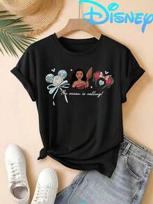 Disney Licensed Moana Theme T-Shirt Mickey Ear Garland Element Print| Cute Cartoon Crew Neck T-Shirt, Suitable For Summer Daily Casual Wear, Holiday Gifts, Regular Style, Casual Style, Micro-Elastic Fabric - màu đen - Xem 6