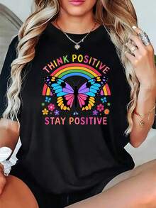 Camiseta negra de cuello redondo para mujer - THINK Positive Stay Positive con estampado inspirador de mariposasíris y flores - Camiseta casual de manga corta% algodón, atuendo de moda con e - Negro - Ver 1
