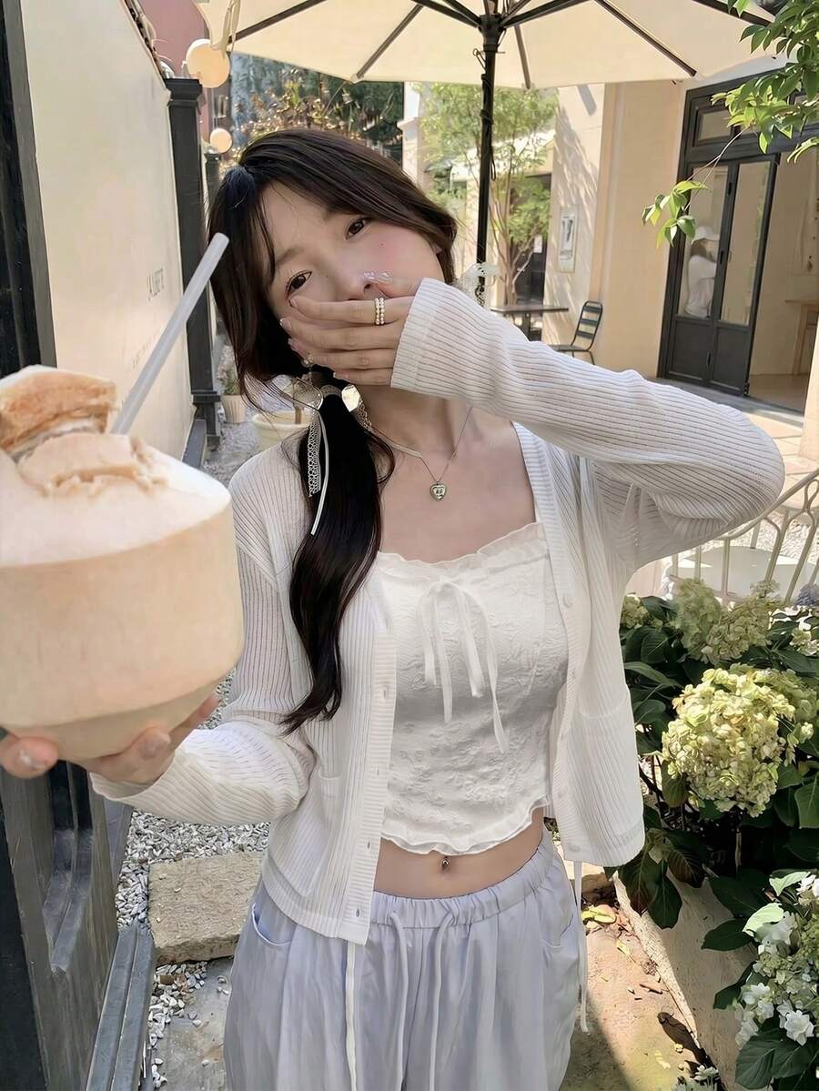 夏季新款白色羅紋紋理V領長袖針織開襟衫,Y2K復古風秋季 - 白色 - 查看 1