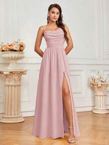 Vestido elegante para mujer de línea A, con pliegues y lazo de cuerda en la espalda en color amarillo, con pliegues huecos y altas aberturas laterales.Ideal para vestir en banquetes, adecuado para vestido de dama de honor elegante para adultos. - Rosa vieja - Ver 3