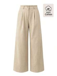 Pantalones Con Pierna Ancha Y Pliegues En Color Sólido Con Bolsillos Diagonales - Caqui 2 - Ver 6