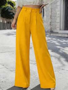 Pantalones Con Pierna Ancha Y Pliegues En Color Sólido Con Bolsillos Diagonales - Amarillo - Ver 4