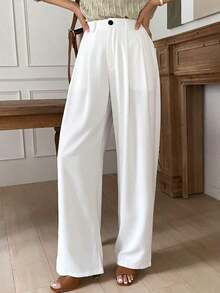 Pantalones rectos plisados de unicolor para mujer, pantalones de vestir casuales de otoño - Blanco - Ver 5
