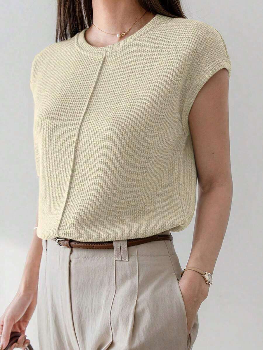 -Less Camiseta informal de manga corta con parches de unicolor para mujeres, estilo casual de negocios de verano - Beis - Ver 1