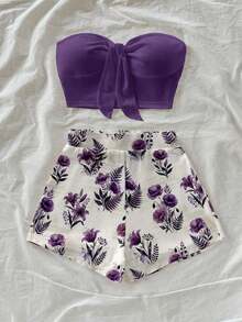 Conjunto de 2 piezas de top bandeau de unicolor y shorts con estampado tropical para vacaciones de mujer - Multicolor 6 - Ver 6