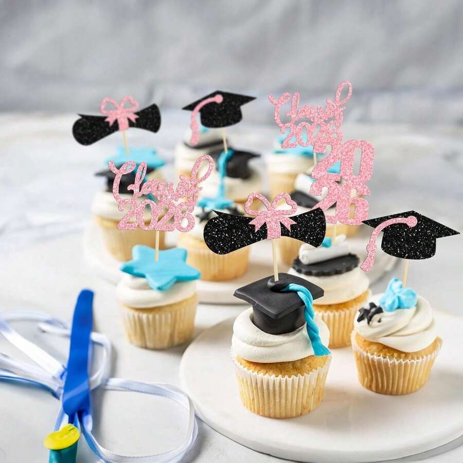 12pcs 2026 Graduation Theme Glitter Cupcake Toppers, 2026 Graduation Diploma Hat Cupcake Toppers, 2026 Graduation Party Cake Decorations, Pink - View 1