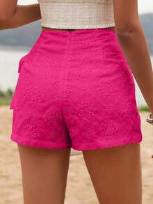 Shorts De Falda Envuelta Con Detalle De Nudo Bordado De Ojal Para Verano - Rosa Fucsia - Ver 2