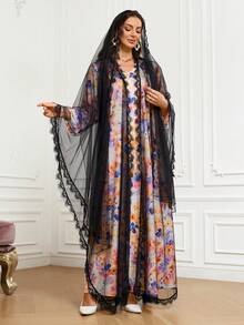 Women's Solid Color Mesh Contrast Lace Loose Arabic Abaya Black - Black - View 4
