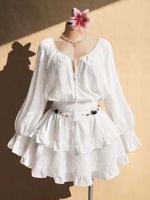 ICON Vestido de línea A con cuello en V, cintura con lazo y volantes en el bajo, vestido bohemio, ropa de vacaciones, adecuado para la primavera, talla grande - Beis - Ver 8