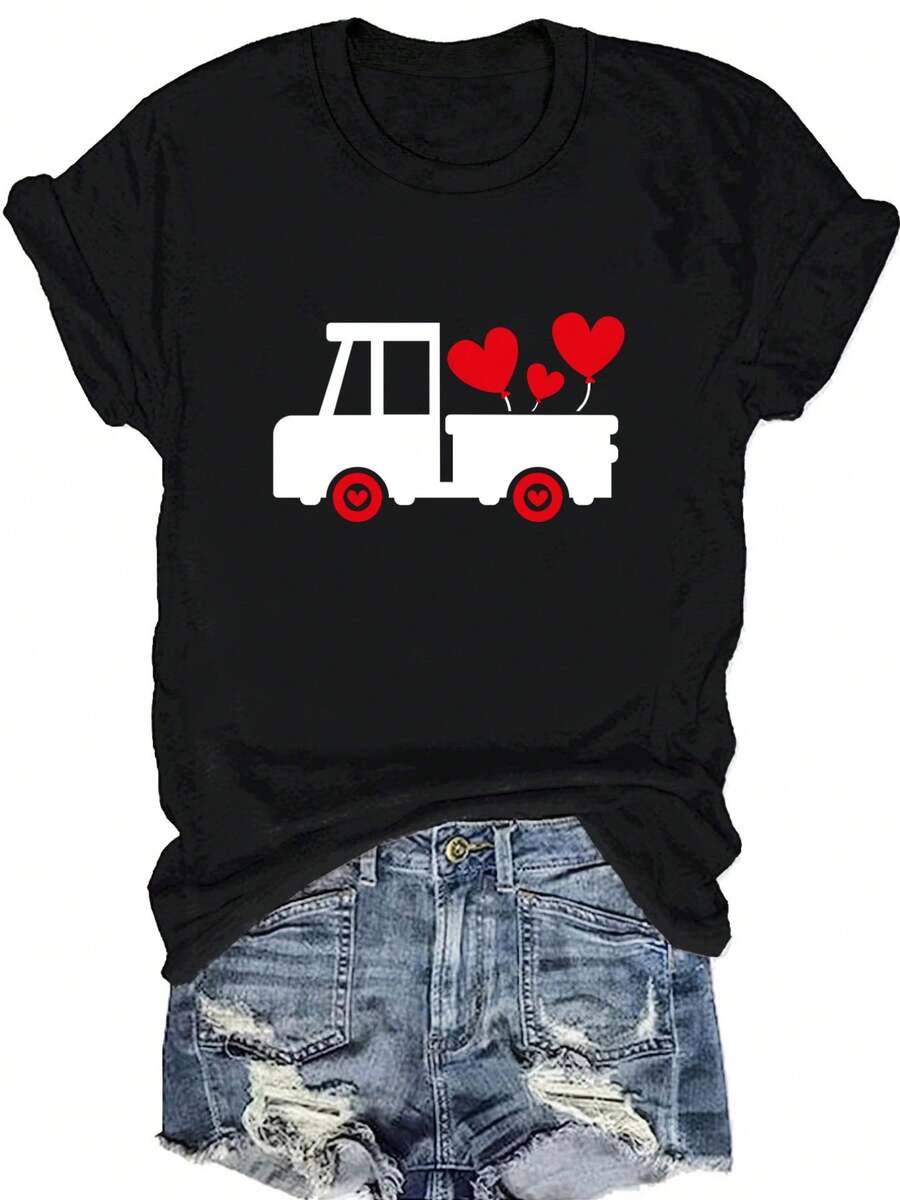 Camiseta de mujer con estampado de corazón y coche, cuello redondo ajustado, top de manga corta a la moda para mujer. - Negro - Ver 1