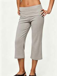 Womens Low Rise Capri Pants Fold Over Waistband Solid Color Slim Fit Cropped Pants Trousers - 灰色 - 查看 2