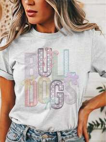 Camiseta de  |     Camiseta Escolar con Bordado Falso |     Camiseta con Diseño Gráfico para el Día del Partido |     Camiseta Unisex Mascot Pride, Camiseta con Estampado de Mascota  Pastel - Estilo Urbano Vintage, Camiseta Unisex de Algodón Holgada de Manga Corta con Cuello Redondo, blusas para mujer. blusas.blusas casuales para dama. - Blanco - Ver 2