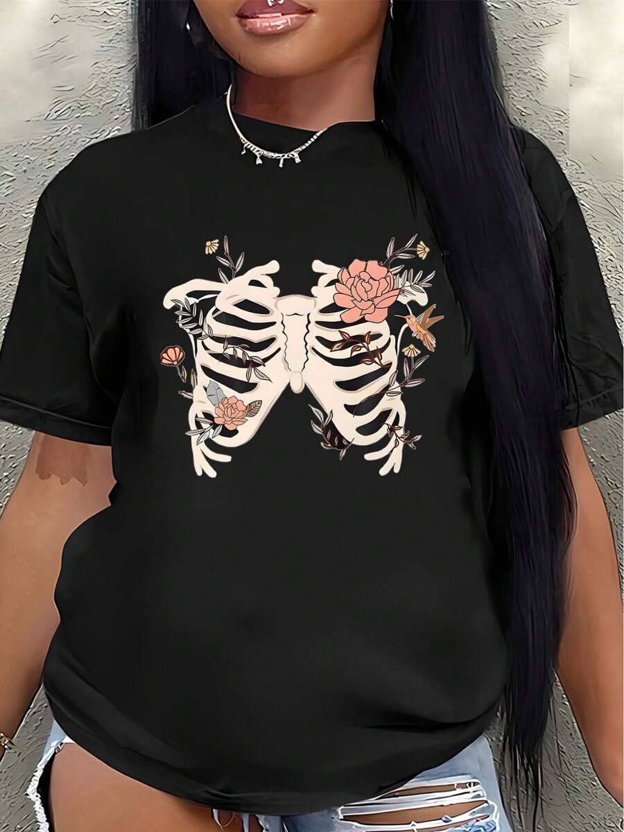Camiseta de manga corta de poliéster, decorada con motivos de calaveras y flores, ligera y duradera, adecuada para uso casual en casa o en una cafetería, cómoda y ajustada para el uso diario.blusa casual mujer - Negro - Ver 1