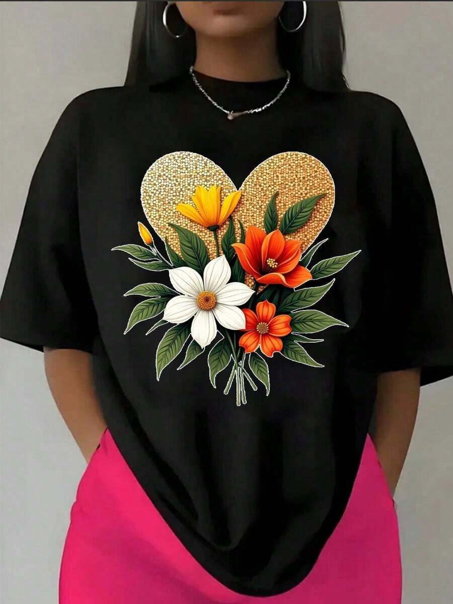 Camiseta Blanca Oversize Casual con Estampado de Corazón Floral para Uso Diario y Atuendos Informales - Negro - Ver 1