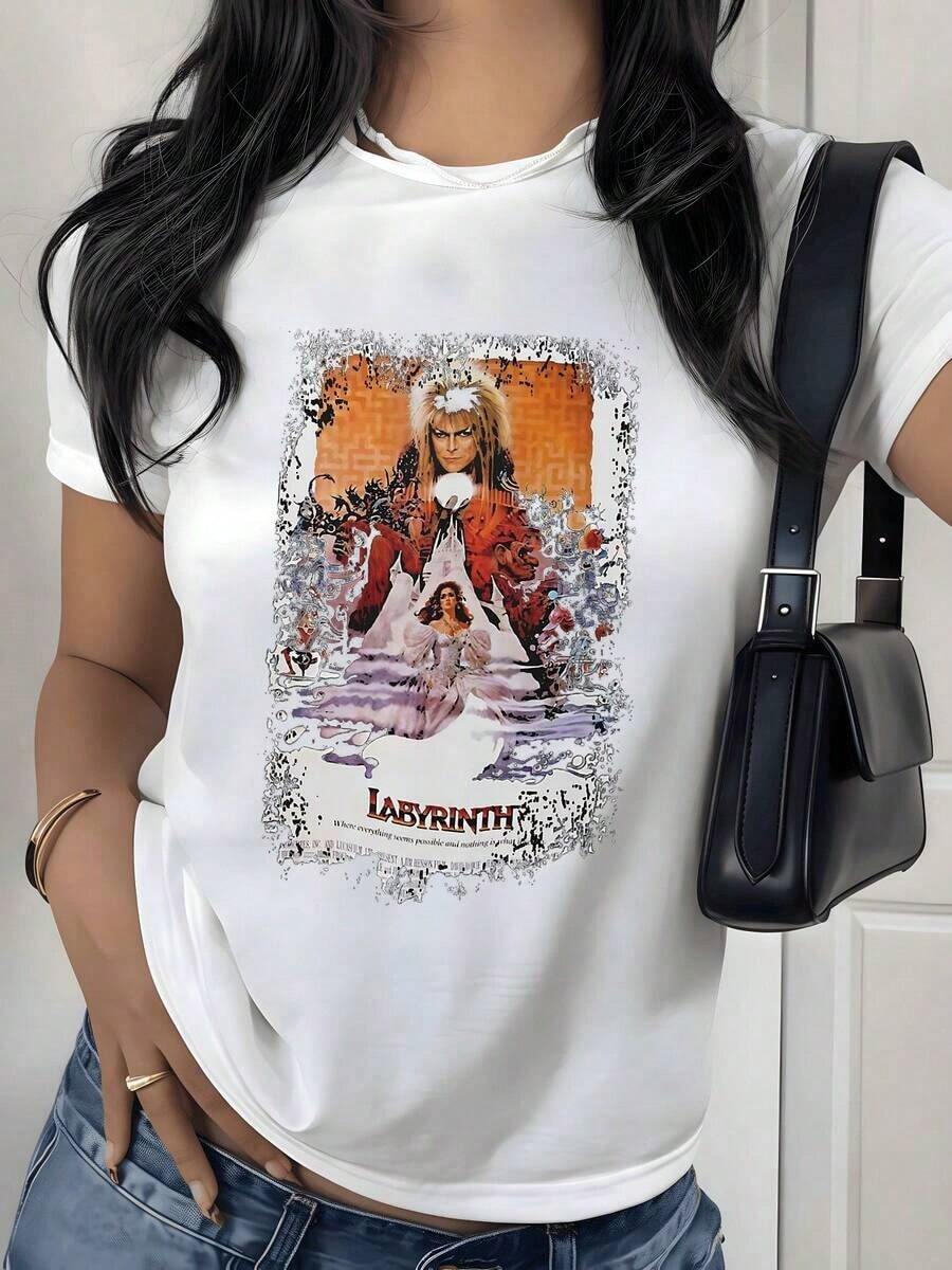 Fantasy Art Graphic Print T-Shirt, 180g, 1 Piece, Mystic Labyrinth, Women's Casual T-Shirt, 100% Cotton, Vintage Style - 白色 - 查看 1