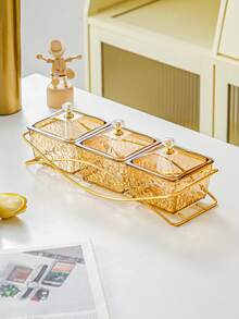 1 pieza Caja de almacenamiento de aperitivos con múltiples compartimentos y tapas transparentes, organizador de plástico ámbar PS para dulces, frutos secos con estante dorado para la cocina, mesa de comedor y barra de café - ámbar - Ver 7