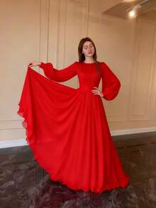 Vestido largo primavera estilo palaciego francés blanco doble gasa corte amplio princesa hada elegante vestido de fiesta para mujer - Rojo - Ver 4