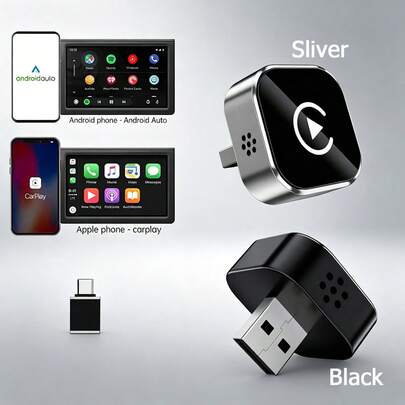 2025款有线转无线CarPlay适配器，二合一迷你智能盒，即插即用，支持无线Android Auto车载连接，适用于原车有线CarPlay和有线Android Auto。