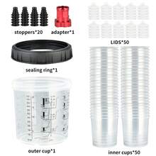 1 Set Of 600ml 50pcs Disposable Cups With 1 Set Of Internal Threaded Bottle Adapters And 50pcs Internal Cups With Lids. Convenient And Suitable For All Gravity-Feed Paint Spray Guns - 50 Pieces - View 1