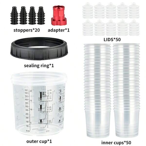 1 Set Of 600ml 50pcs Disposable Cups With 1 Set Of Internal Threaded Bottle Adapters And 50pcs Internal Cups With Lids. Convenient And Suitable For All Gravity-Feed Paint Spray Guns