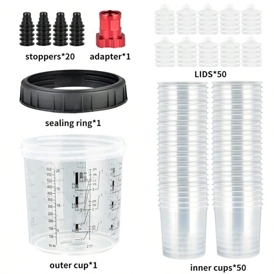 1 Set Of 600ml 50pcs Disposable Cups With 1 Set Of Internal Threaded Bottle Adapters And 50pcs Internal Cups With Lids. Convenient And Suitable For All Gravity-Feed Paint Spray Guns - 50 Pieces - View 1