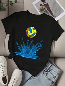 Camiseta de Moda para Mujer con Diseño de Salpicaduras de Voleibol, Ropa Casual de Verano, Atuendo Deportivo de Playa, Top Ligero y Cómodo para un Estilo de Vida Activoblusa casual mujer - Negro - Ver 4