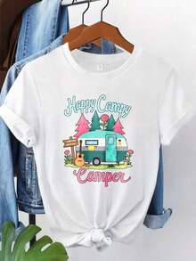Camiseta de Algodón Estilo Vintage con Estampado de Slogan de Lisboa, Negra, Casual, de Cuello Redondo, con Diseño de Autocaravana Vintage y Pino, Perfecta para Todas las Temporadas. Esta camiseta de manga corta es ideal para un uso relajado y está hecha de tela elástica para el uso diario en verano. - Blanco - Ver 8