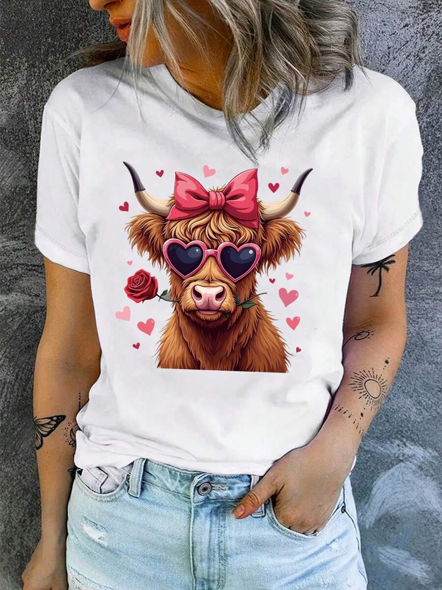 Women's T-shirt Camiseta de manga corta para mujer con estampado de yaks y cuello redondo ajustado. - Blanco - Ver 1