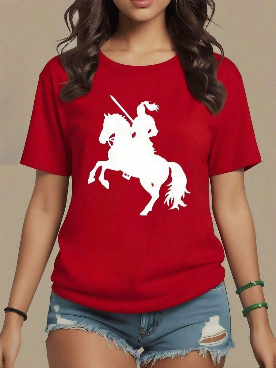 ComfortableFigura de una mujer guerrera sobre un caballo alzando su espada simbolizando coraje y libertad camiseta para mujer 100% algodón suave y cómoda para uso diarioFashion All-match Women's Short Sleeve T-shirt, Basic Style for Inner & Outer Wear - Rojo - Ver 1