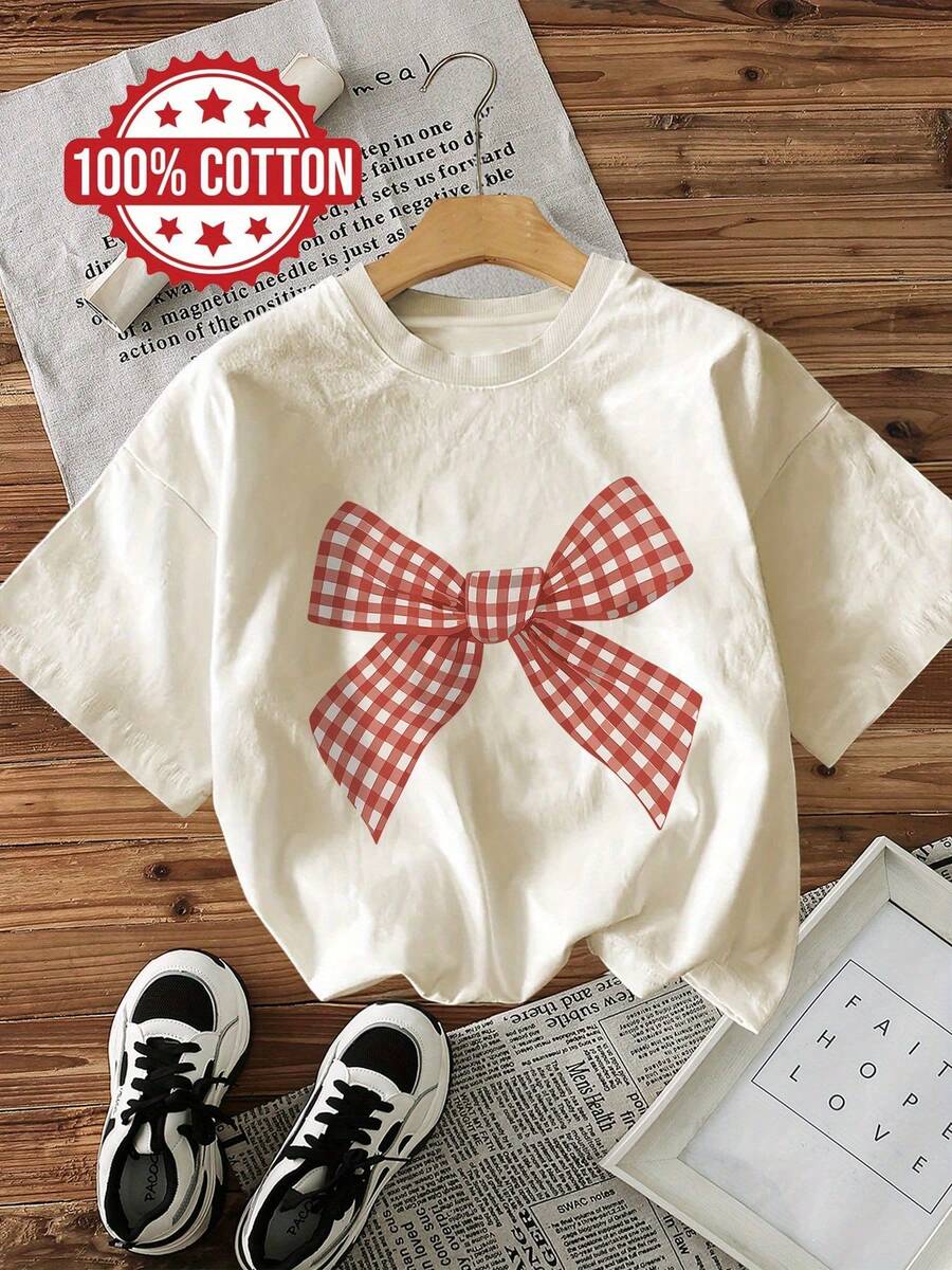 Camiseta casual de manga corta y cuello redondo para mujer - Estampado de lazo a cuadros rojo y blanco, lavable a máquina, cómoda para todas las estaciones, corte regular, moda para el día a día, ropa con encanto rústico, tela no transparente, top de verano, material transpirable, top estampado, blusas para mujer para primavera y verano. - Albaricoque - Ver 1