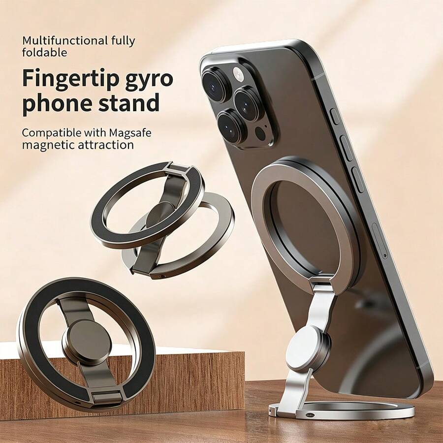 1pc Minimalist Double-Sided Magnetic Gyroscope With Magnetic Bearing, Ultra-Light & Ultra-Thin, Strong Adsorption 360° Rotation, Foldable Universal Phone Holder, Alloy Material, Portable, Suitable For Office, Kitchen, Bathroom, Bedside, Gym, Car