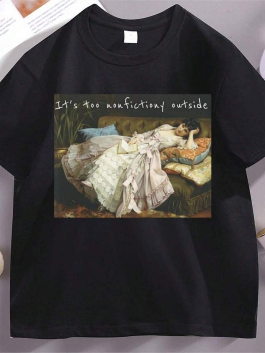 blusas para mujer Too Nonfictiony Outside T-Shirt Booktrovert Tshirt Book Lover Tee Fiction Reader Clothes Unisex Short Sleeve Printed Tshirts - Negro - Ver 1
