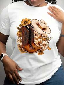 100% Cotton, Women's T-Shirt, Casual Short Sleeve T-Shirt For Women In Plus Size, Black Color, With Cowboy Boots Print, Hat And Floral Motifs, Suitable For Rustic Western Style Clothing. - 白色 - 查看 7